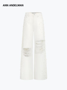 ANN ANDELMAN | Fashionable White Distressed Slimming Floor-Length Jeans With Pearl Rhinestones