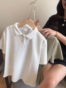 Women plain casual loose Waffle polo shirt Long sleeved top