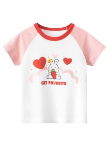 27home Pure Cotton Short Sleeve T-Shirt for Girls Cartoon Rabbit Print Childrens Summer Top Korean Style Straight Cut