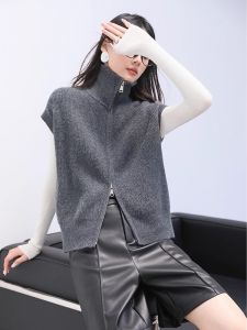 Spring Autumn Knitted Pure Color Cashmere Sleeveless Loose Cardigan Womens Fashion Outerwear Stand Collar Open Front Vest