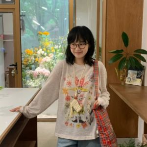 VKSOD | Korean Lazy Style Long Sleeve Sun Protection T-Shirt Women Summer Loose Vintage Jeans Shorts Set Cartoon Print Round Neck Top