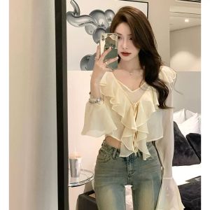Summer New Style Lace Trim Sun Protection Shirt with Strap Skirt Outer Short Breathable Cardigan Coat Korean Version V-neck Long Sleeve