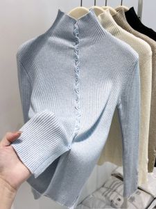 Korean Style High-End Knitted Long Sleeve High Collar Womens Fitted Inner Wear Top Button up Soft Comfortable Commute Wind