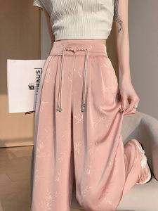 กางเกงขาม้าซาตินแจ็คการ์ดแบบมีหัวเข็มขัดสไตล์จีนสำหรับผู้หญิงใส่ในฤดูร้อนกางเกงตั้งพื้นเอวสูงแขวนตรงสำหรับตรุษจีน