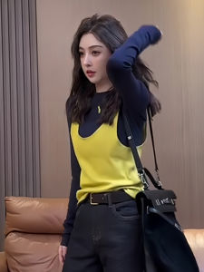 Womens Long Sleeve T-Shirt Base Shirt + Halter Vest Two-Piece Set Design Sensation Color Collision Early Autumn New Style