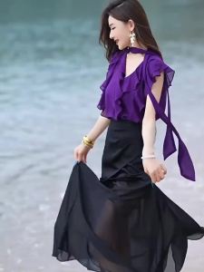 Ruffle Flounce Sleeve Chiffon Ladylike Blouse V-Neck Tie Top