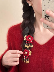 rosci | Chinese Style Red Velvet Flower Tassel Hair Clips