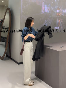 กางเกงยีนส์ทรงตรงเอวสูงสีขาว ทรงหลวม ทรงสลิมฟิต กางเกงขายาวลำลอง ทรงยาวถึงพื้น แฟชั่นฤดูใบไม้ผลิและฤดูใบไม้ร่วง