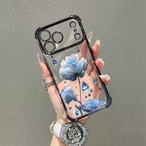 Blue Lotus Water Drop Clear Phone Case For iPhone 18 17 Air 16 15 14 13 12 11 Pro Max Plus Soft TPU Anti-Fall Protective Cover