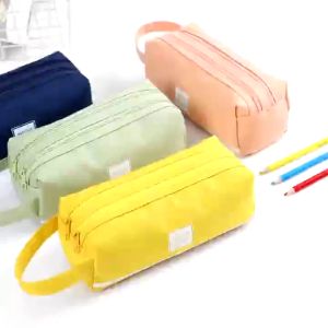 Pencil Case Boys Girls Canvas Large Capacity Double Layer Simple With Zipper Stationery Pencil Holder Bag Makeup Pouch Bekas Pensel