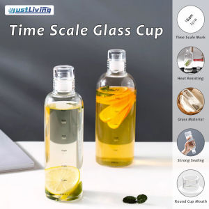 JustLiving 500ml/750ml Sport Clear Leakproof Water Bottle with Time Scale Portable Simple Lightweight Water Cup Reusable Borosilicate Glass Bottle Suitable for Daily Life/ Outdoor Sports/ Fitness