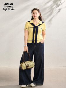 ZHANGDAREN | Bộ Quần Áo Nữ Dành Cho Người Mập Màu Vàng Áo Ngắn Tay Len Với Măng Sông Xanh Đô Và Quần Jeans Ống Rộng Màu Xanh Đậm