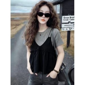 AIYITI | Large Size Summer Layered Stylish Two-piece Outfit Black Strap and Grey T-shirt