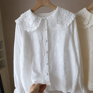 Áo Sơ Mi Ren Cổ Búp Bê Rộng Rãi Cho Nữ Mùa Xuân Thu Thiết Kế Mới Cảm Giác Kiểu Pháp Chất Liệu Vải Lanh Tơ Thêu Trang Phục Công Sở