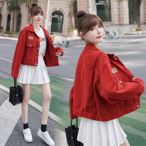 GUZILIAN | Casual Loose Womens Denim Jacket Short Style Spring Autumn Versatile Korean Version Workwear Cotton Pure Color Polo Collar Button Up