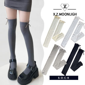 X.z. MOONLIGH โบว์สูงถึงเข่าถุงเท้าฤดูใบไม้ร่วงสาวหวาน Jk ถุงน่องสีเทาถุงน่องโลลิต้า