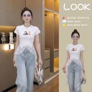 plus Size Lace Splice Short Sleeve T-Shirt Womens Design Sensation Small Print Elegant Short Top American Style Hot Girl