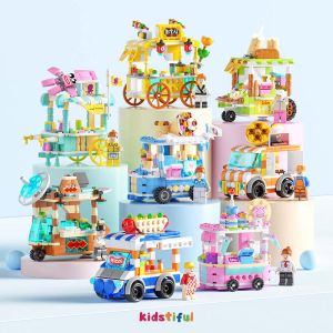 Mini City Street View Building Blocks Toys Ice Cream Cars Snack Cart with Minifigure Puzzle Toys for Kids Girls