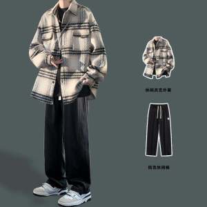 Gingham Casual Woolen Loose Jacket Menswear Fashion Brand Matching a Set of Handsome Shirt-Style Outwear Spring & Fall Suit