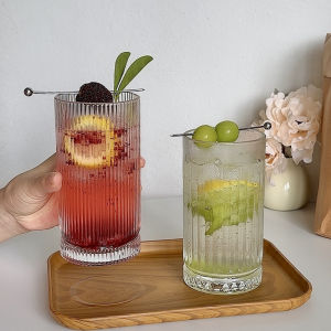 Simple Ins Style Vertical Striped Glass Cup Retro Commercial Use Cold Drink Summer Bubble Water Cup Juice Cup 450ML Heat Resistant