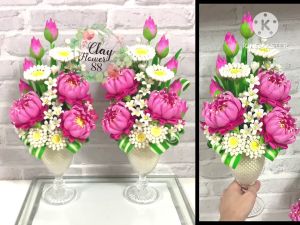 Clay Flower 88 ชุดคู่ แจกันดอกบัวปลอม ดอกบัวประดิษฐ์หรูๆ ดอกไม้บูชาพระ ถวายพระ แต่งหิ้งสวยสง่า สูง 15 นิ้ว