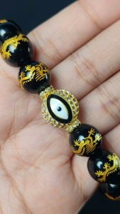 Black Onyx Stone with Dragon & Anti Evil Eye "Nazar" with Rhinestones Premium Quality Lucky Charm Bracelet Feng shui Lucky Charm Bracelet