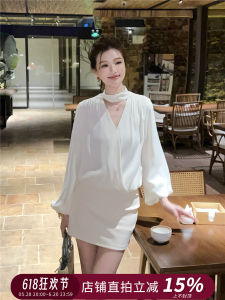 Elegant White Cheese Cream Puff French Style Cold Sensation Shirt Womens Anti-Aging Top V-Neck Long Sleeve Loose Fit Commute