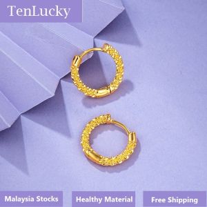 TenLucky Eco-friendly Allergy Free Fashion 916 Gold Plated Color Earrings Shiny Bling Gypsophila Korean Style Round Convex Circle Statement Hoop Earrings Ear Buckle Jewelry with Box for Women Gifts for Valentines Day Wedding Girlfriend