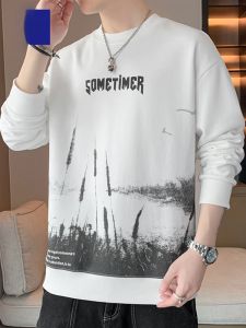 ROMON | Romon Mens Round Neck Printed Long Sleeve T-Shirt Spring Autumn Casual Loose Fit Base Layer Top Fashion Urban Style Antibacterial