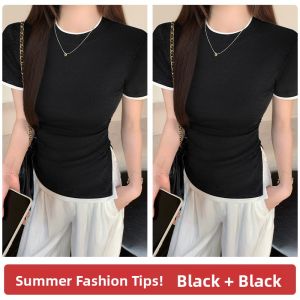 Miiow | Color Block T-Shirt Womens Short Sleeve Round Neck Basic Shirt Color Collision Shoulder Line Matching Summer Slim Fit Top
