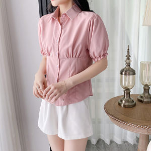 French Style Slim Fit Short Sleeve Shirt Womens Fashionable Bubble Sleeve Design Summer New Arrival Waist Cinched Elegant Top