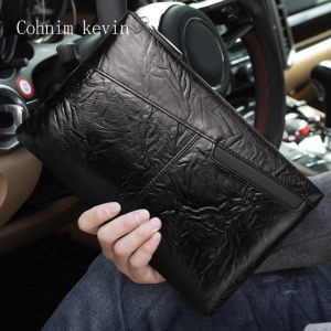 Cohnim Kevin Mens Leather Handbag Top Layer Cowhide Business Casual Clutch Bag Zipper Closure Solid Color Soft Fabric Lining