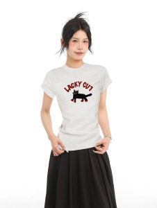 Áo Thun Cotton Tay Ngắn Ôm Vừa Vặn Mùa Hè Màu Xám in Họa Tiết Mỹ Dành Cho Nữ Áo Thun Ngắn Cạp Cao Áo Thun Thường Ngày