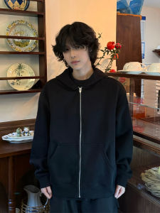 เสื้อแจ็คเก็ตคาร์ดิแกนคอวีทรงหลวมสไตล์อเมริกันย้อนยุคสีดำ สำหรับผู้ชาย ฤดูใบไม้ร่วง 2025 แฟชั่น แบรนด์ แจ็คเก็ตทรงหลวม ซิป ฮู้ด