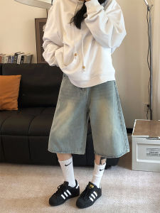 Light Wash High Waist Wide Leg Jeans Womens Spring Autumn Loose Straight Cut Seven Inch Shorts Denim Pants Cotton Blend