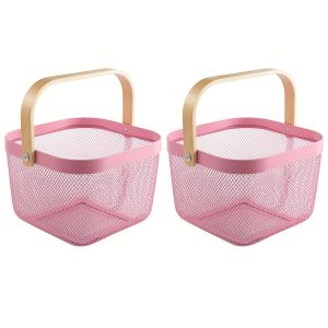 2 Pack Square Metal Mesh Fruit Basket Portable Metal Picnic Baskets with Wood Handle Mesh Storage Organizer Basket