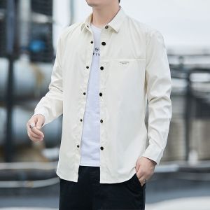 ROMON | Lormen Mens Long Sleeve Casual Shirt Spring Autumn Loose Non-iron Denim Jacket Stylish Spring Fashion Polyester Fiber Shirt