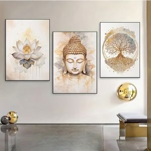 3 Pieces Modern Buddha and Lotus Wall Painting - Frameless Canvas Poster Prints for Living Room Interior Portrait Direction Sp