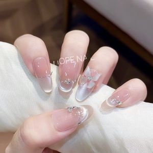 Moonlight Silver Butterfly 3D Handmade Cat Eye Nail Tips Bare Color Luxury Sensation Wearable False Nails French Style