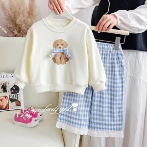 Cute Cartoon Pattern Childrens Sweatshirt Suit With Grid Hem Long Pants 2 Pieces