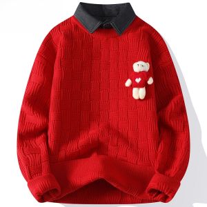 HENGYUANXIANG | Red Shirt Collar Knitted Sweater For Men Bear Decoration Couple New Year Match Knitted Base Shirt Fashionable City Style Winter Casual Loose Fit