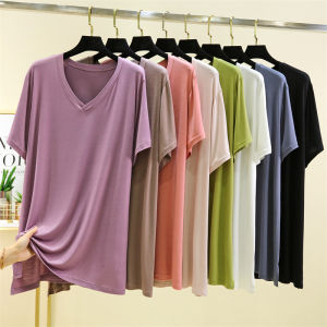 Modal V-Neck Short Sleeve T-Shirt Women Summer Thin Medium Length Base Shirt Pure Color plus Size Top Commute Style