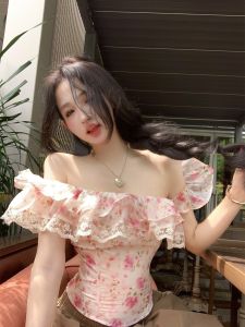 Floral Print Ruffle Sleeve Short Sleeve Shirt Womens Slim Fit Lace Insert Waist Cinching Gentle Style Top Korean Commute Style