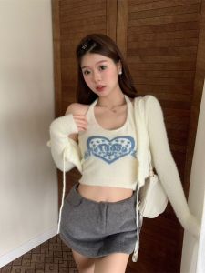 Áo Len Dệt Kim Ngắn Hở Vai Hình Trái Tim Cay Nồng Dành Cho Nữ Áo Khoác Ngoài Mùa Thu Phong Cách Ngọt Ngào Mát Mẻ Ôm Vừa Vặn Áo Khoác Ngoài Thời Trang