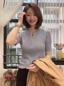 Shi Yilin Womens Ice Silk Knit Dress Summer New Arrival Half Zipper Pullover Slim Fit Base Shirt K-style Work Clothing