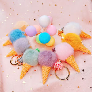 Girl Heart Ice Cream Keychain Cute Cartoon Pompons Handbag Pendant Car Key Chain Creative Gift