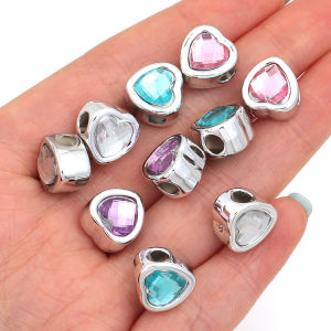 10pcs/lot Double Face Rhinestone Heart Big Hole Beads Love Shape Loose Spacer Beads For Jewelry Making DIY Necklace Bracelet