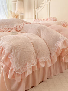 Princess Style Solid Color Winter Flannel Embroidery Bedding Set