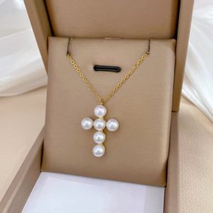 anenjery | ANENJERY Imitation Gloss Pearl Cross Pendant Necklace Trendy Sweater Chain Necklace Jewelry For Gentle Women Party Necalces
