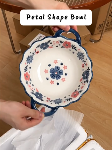 Snug Ceramic Material Double Handle Bowl Salad Fruit Ramen Soup Bowl Four Season Colorful Bowl